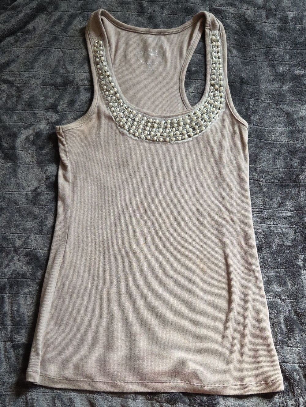 Beaded Scoop Neck Tank Top - Nude